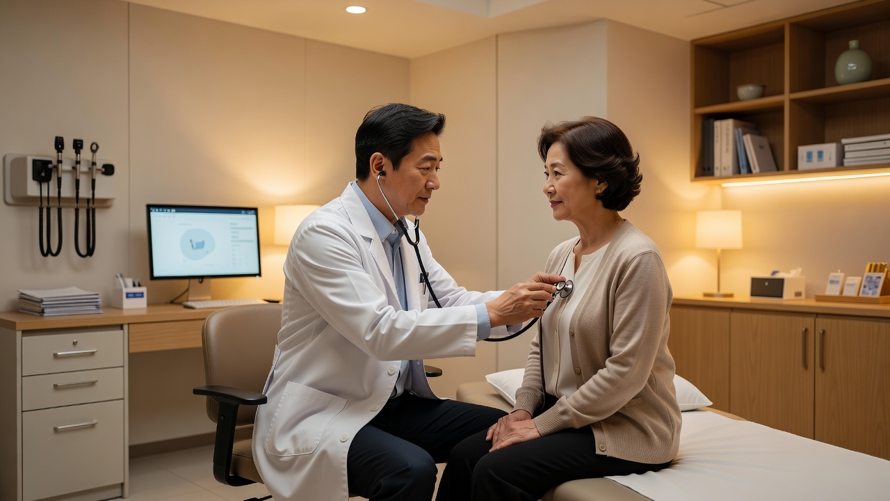 야간 내과에서 환자를 진료하는 의사